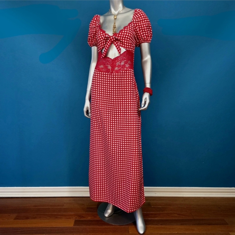 🆕️❤️ THE FROLIC Red Gingham Satin Maxi Dress w/ Lace Cut Out // (NWT)